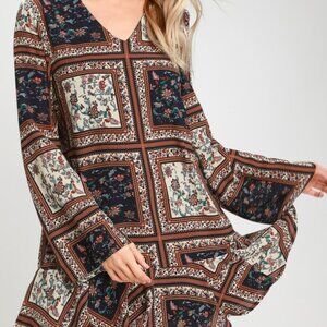 Crack a Smile Cream and Navy Multi Print Long Sleeve Shift Dress